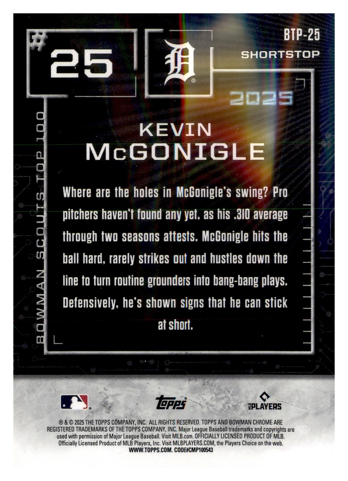 2025 Bowman #BTP-25 Kevin McGonigle Bowman Scouts Top 100 back
