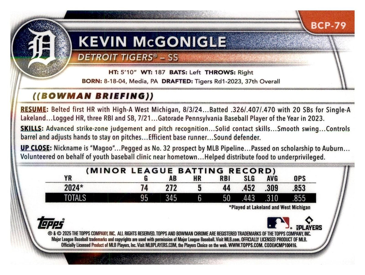 2025 Bowman #BCP-79 Kevin McGonigle Chrome Prospects back