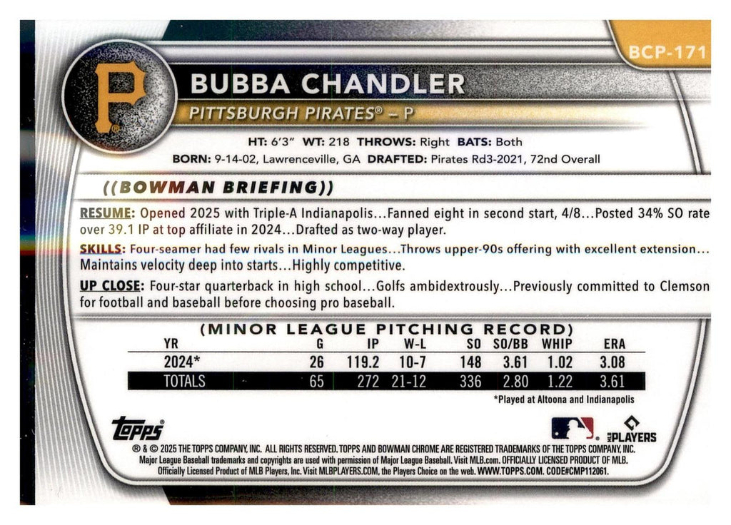2025 Bowman Chrome #BCP-171 Bubba Chandler Prospects back