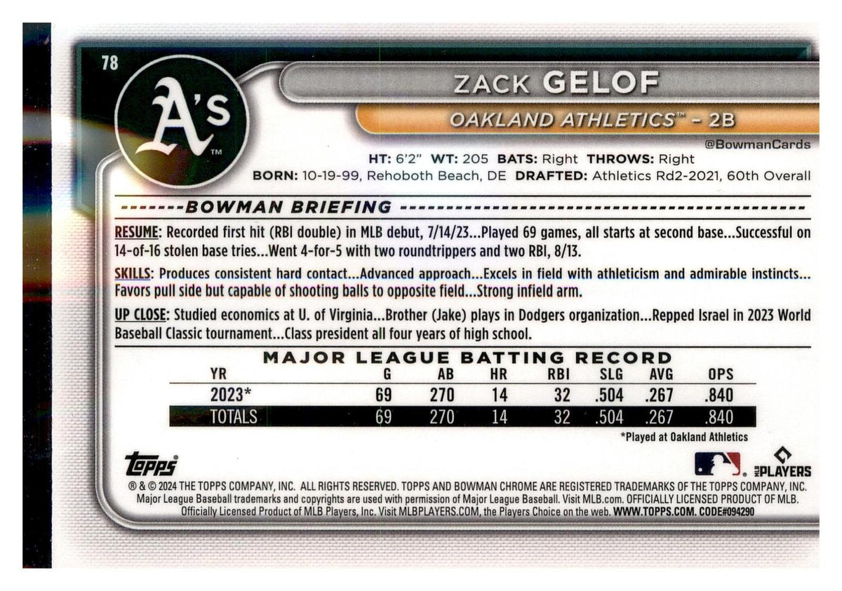 2024 Bowman Chrome #78 Zack Gelof Mojo Refractor back