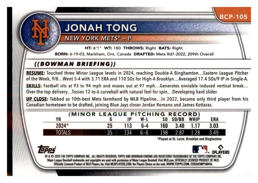 2025 Bowman #BCP-105 Jonah Tong Chrome Prospects X-Fractor back