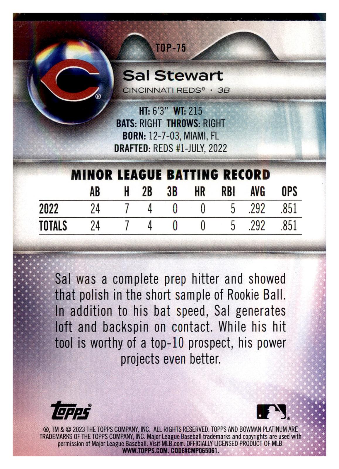 2023 Bowman Platinum #TOP-75 Sal Stewart Top Prospects back