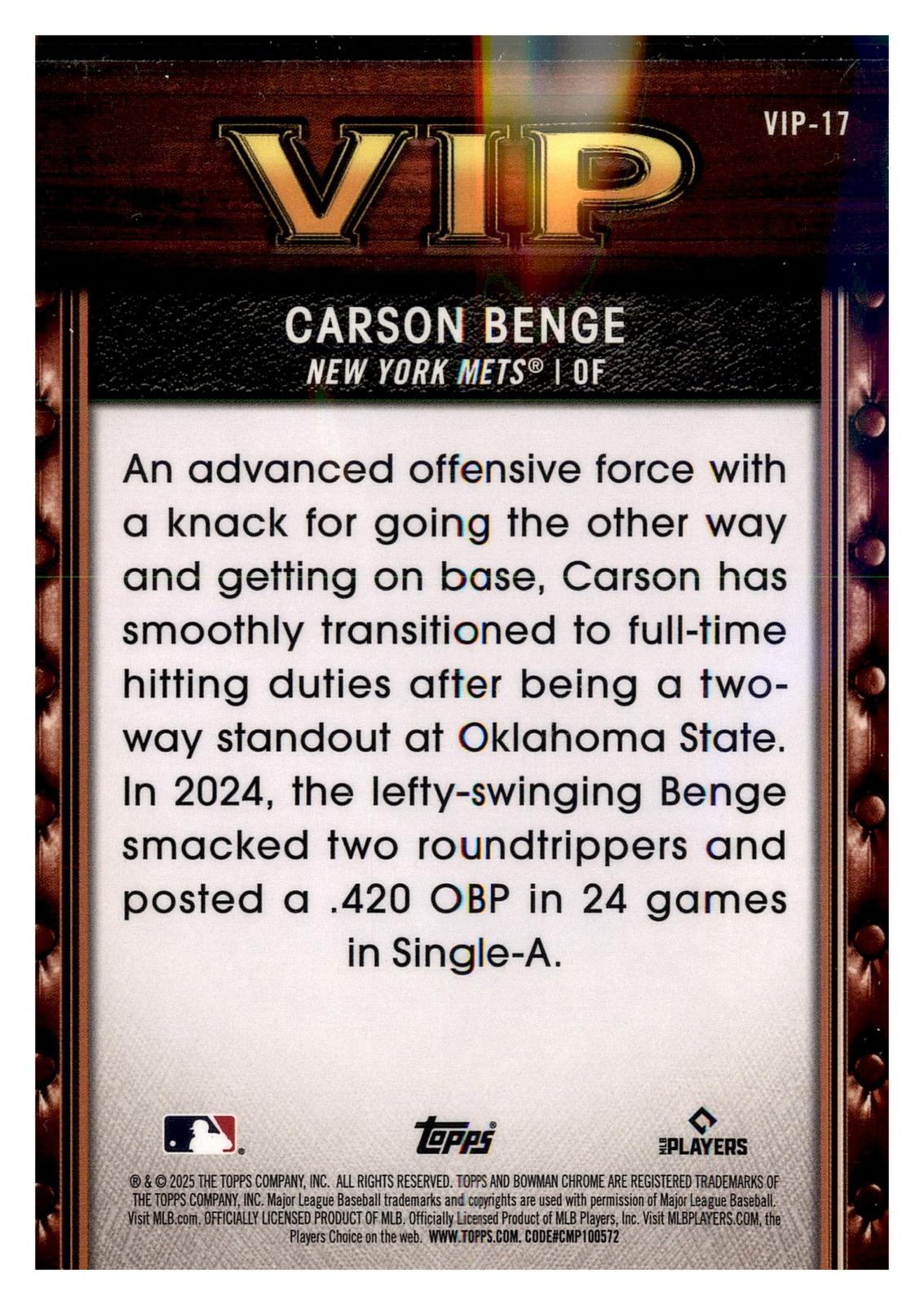 2025 Bowman #VIP-17 Carson Benge Very Important Prospects back