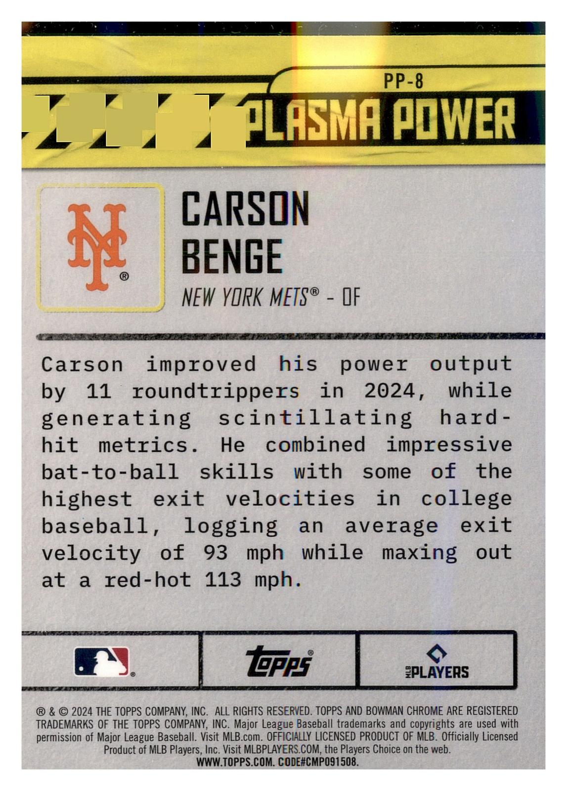 2024 Bowman Draft #PP-8 Carson Benge Plasma Power back