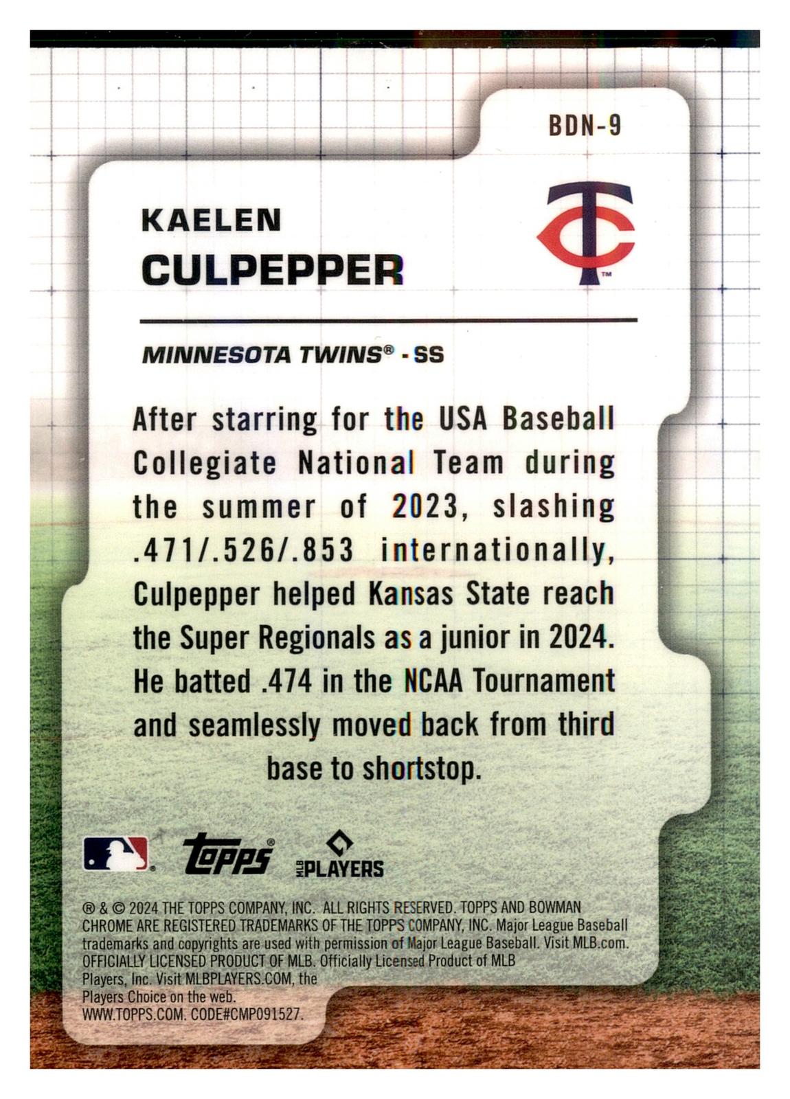 2024 Bowman Draft #BDN-9 Kaelen Culpepper Bowman Draft Night back