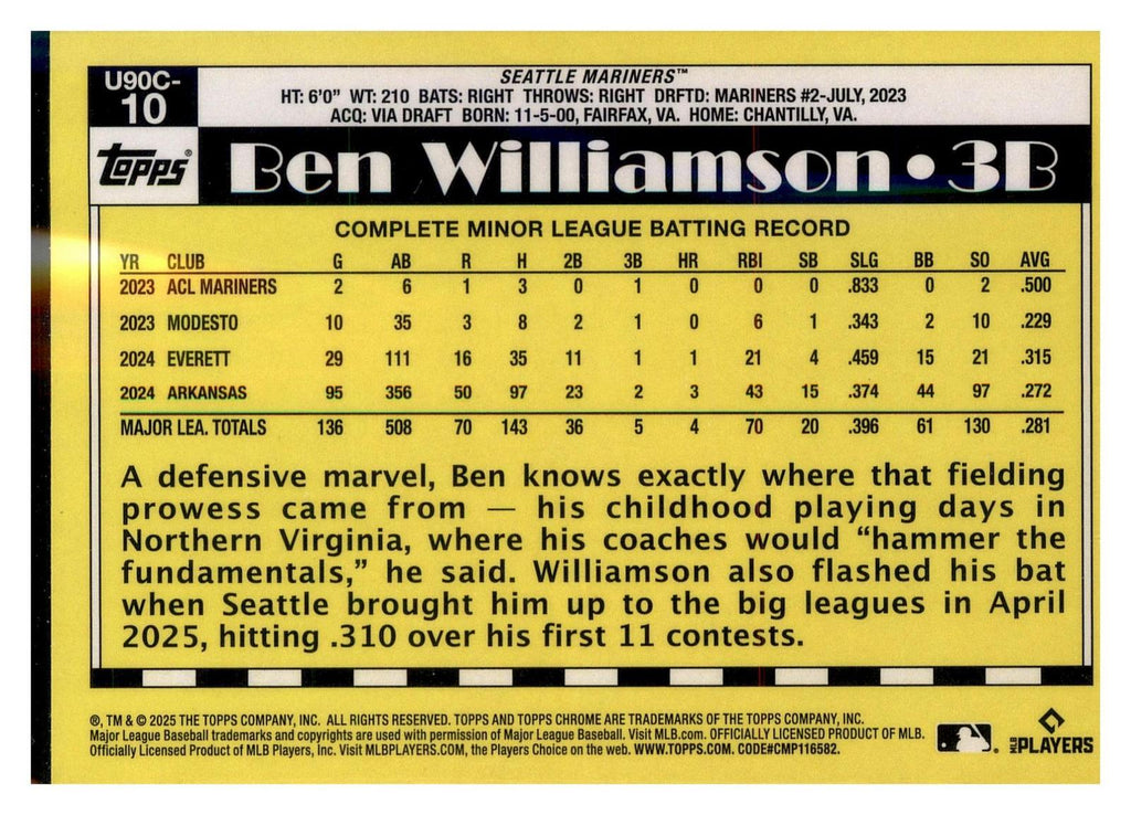 2025 Topps Update #U90C-10 Ben Williamson 1990 35th Anniversary Chrome back