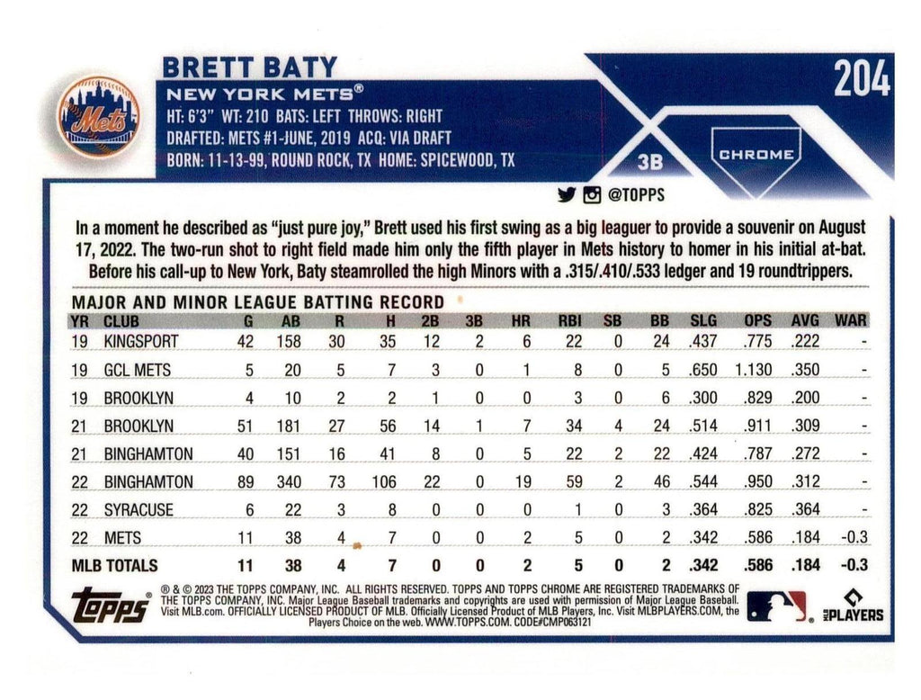 2023 Topps Chrome #204 Brett Baty Sepia Refractor back