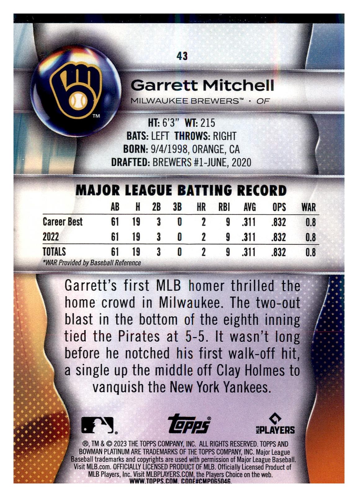 2023 Bowman Platinum #43 Garrett Mitchell back