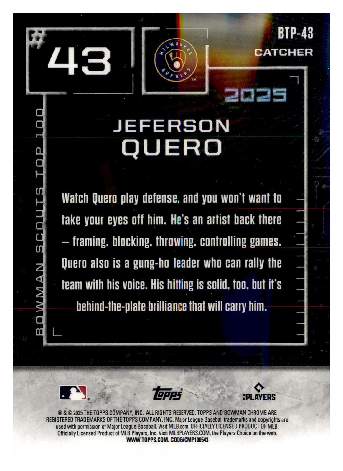 2025 Bowman #BTP-43 Jeferson Quero Bowman Scouts Top 100 back