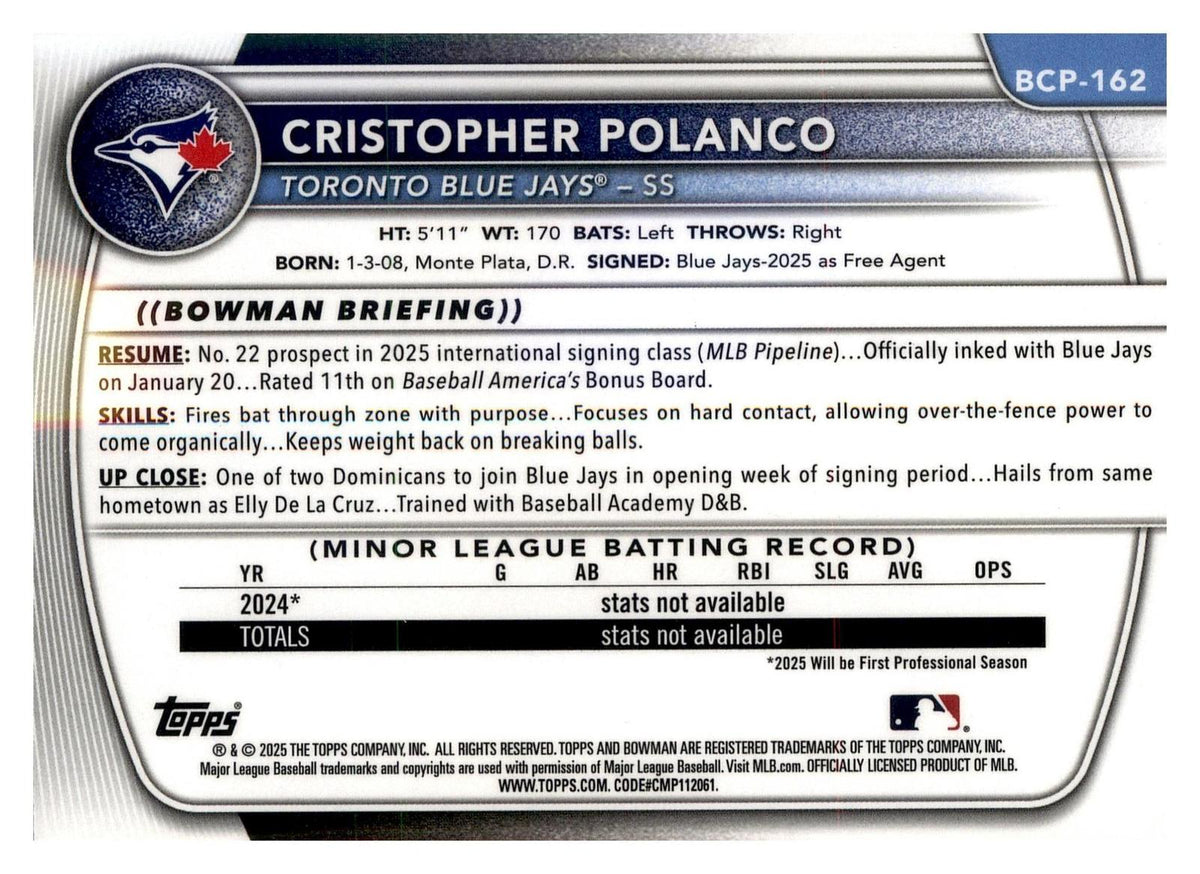 2025 Bowman Chrome #BCP-162 Cristopher Polanco Prospects back