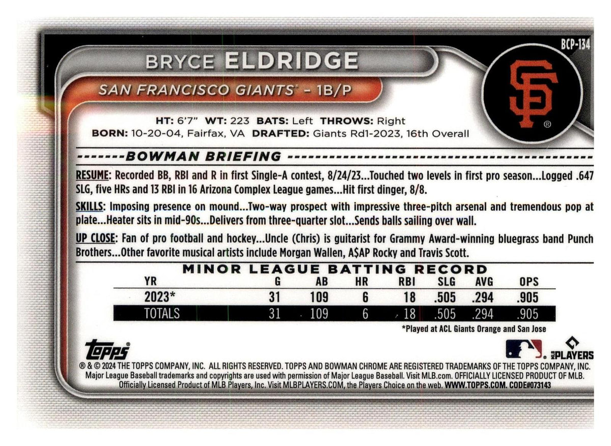 2024 Bowman #BCP-134 Bryce Eldridge Chrome Prospects back