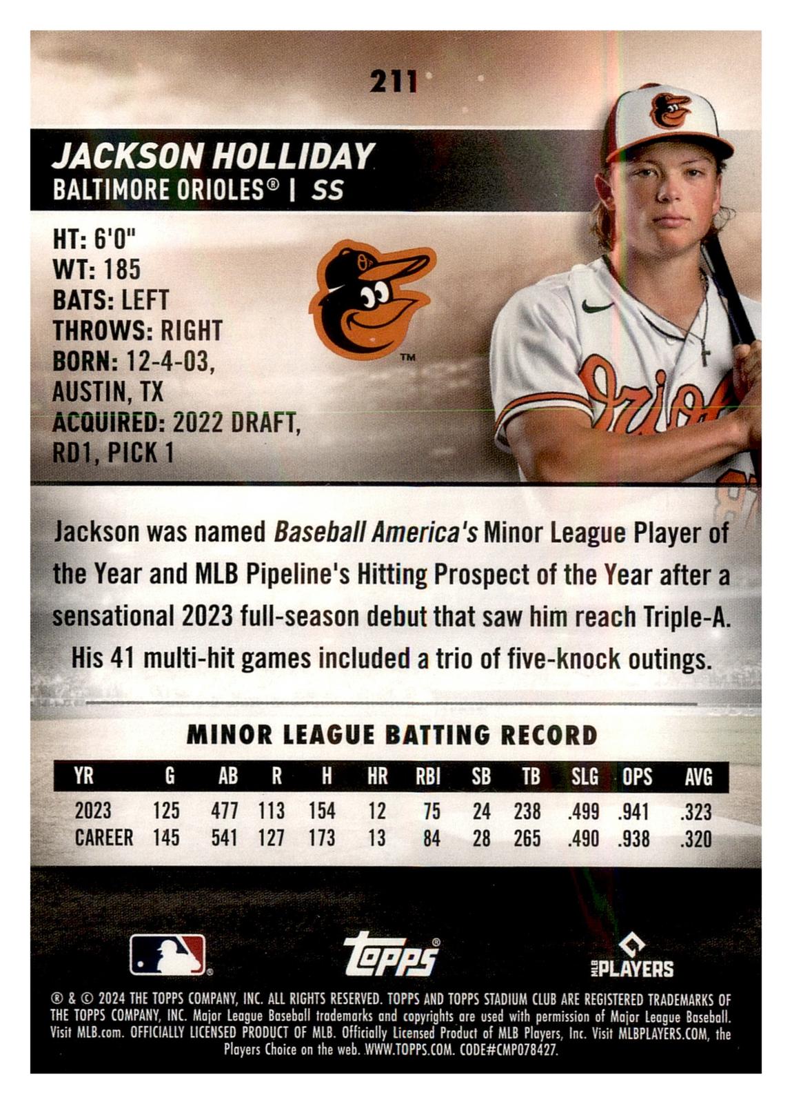 2024 Stadium Club #211 Jackson Holliday back