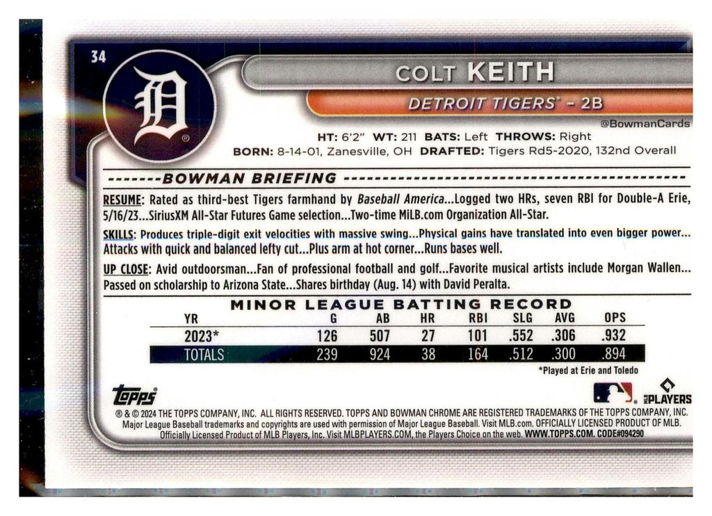 2024 Bowman Chrome #34 Colt Keith Mojo Refractor back