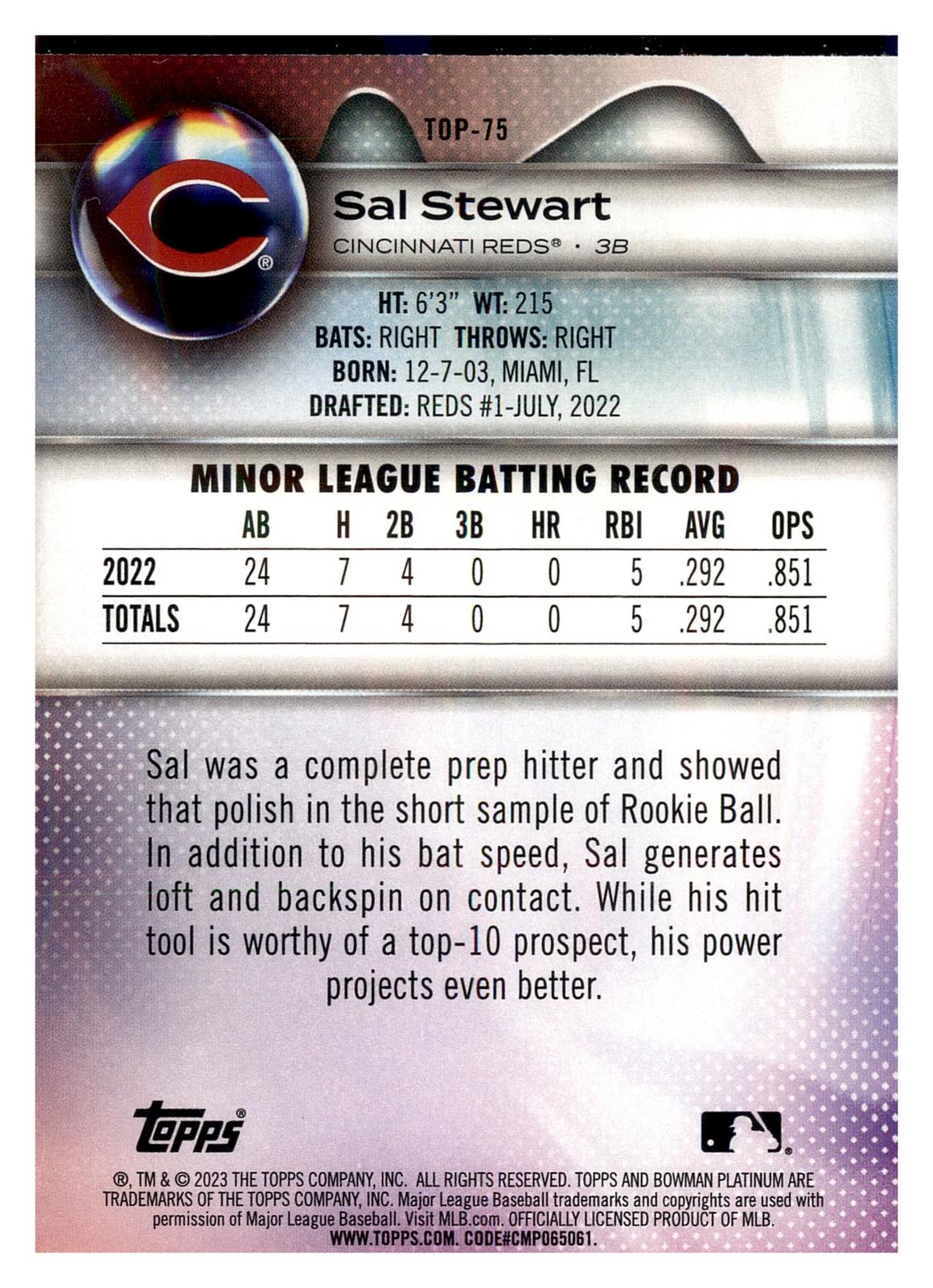 2023 Bowman Platinum #TOP-75 Sal Stewart Top Prospects back