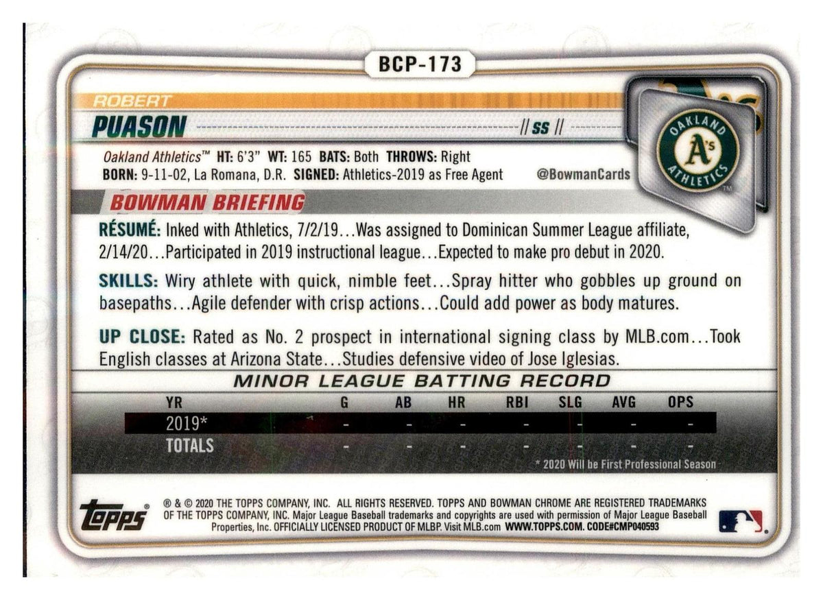 2020 Bowman Chrome #BCP-173 Robert Puason Prospects Mojo Refractor back