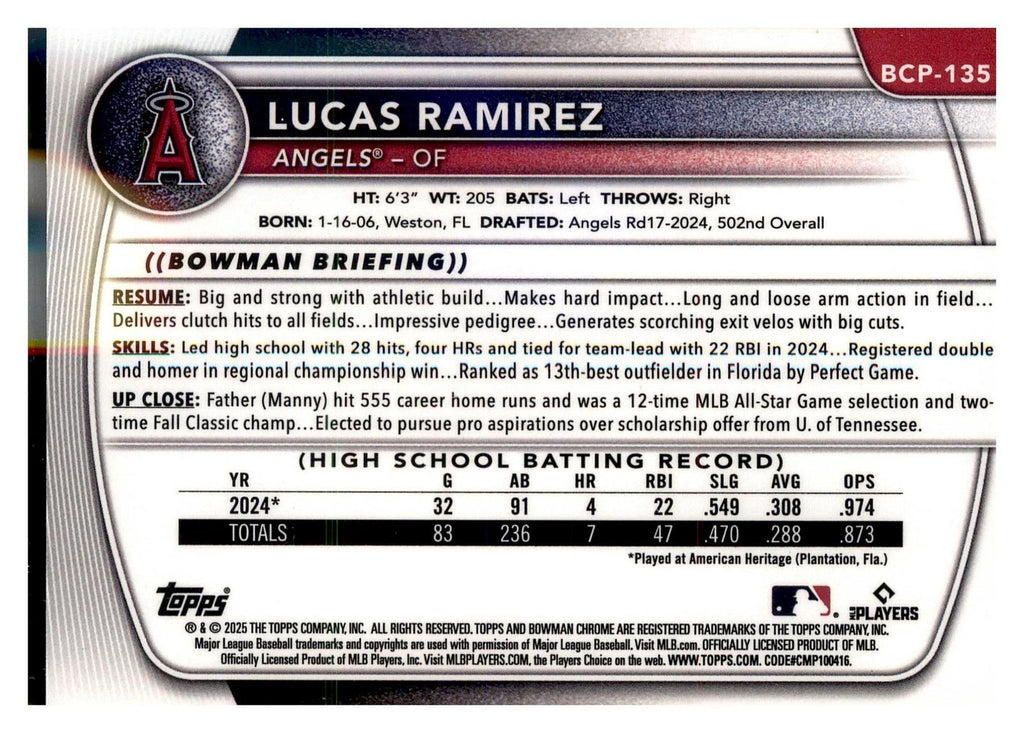 2025 Bowman #BCP-135 Lucas Ramirez Chrome Prospects back