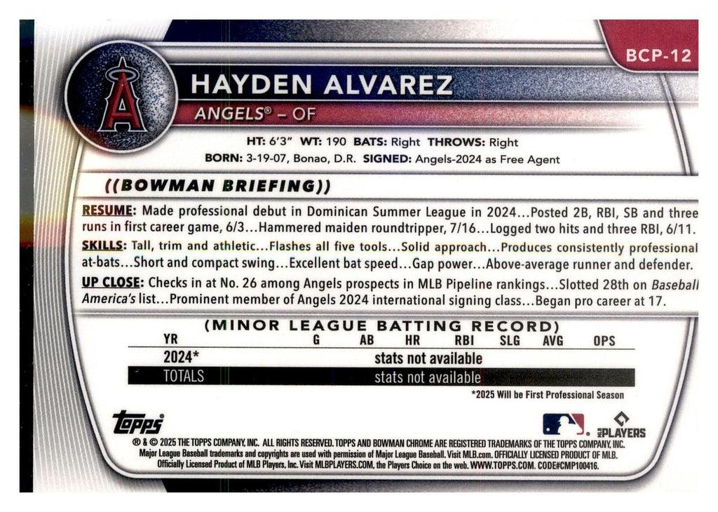 2025 Bowman #BCP-12 Hayden Alvarez Chrome Prospects back
