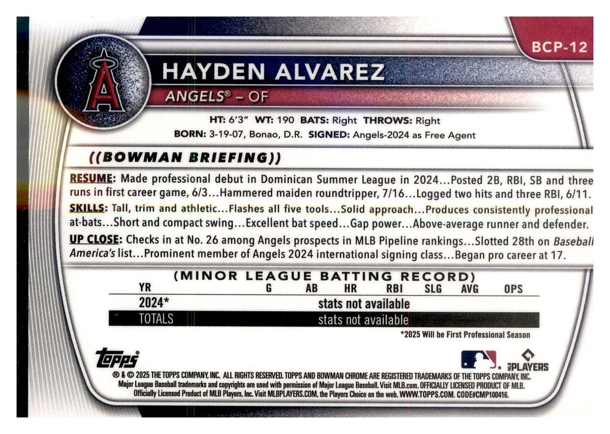 2025 Bowman #BCP-12 Hayden Alvarez Chrome Prospects back