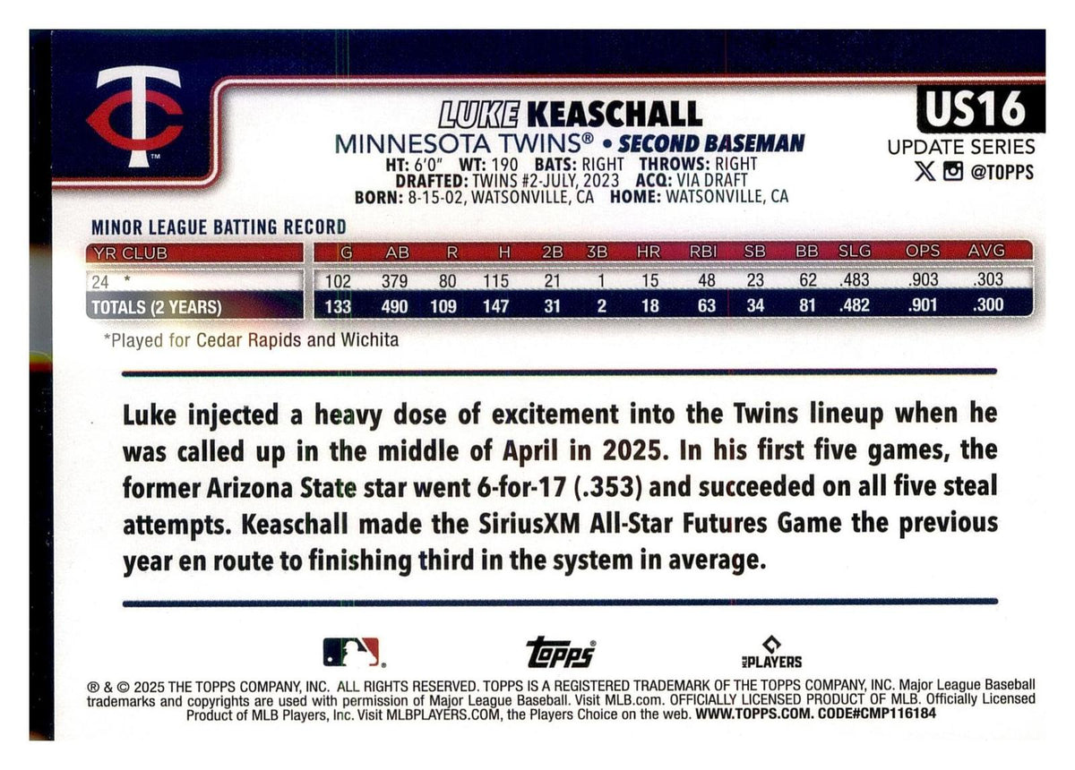 2025 Topps Update #US16 Luke Keaschall back