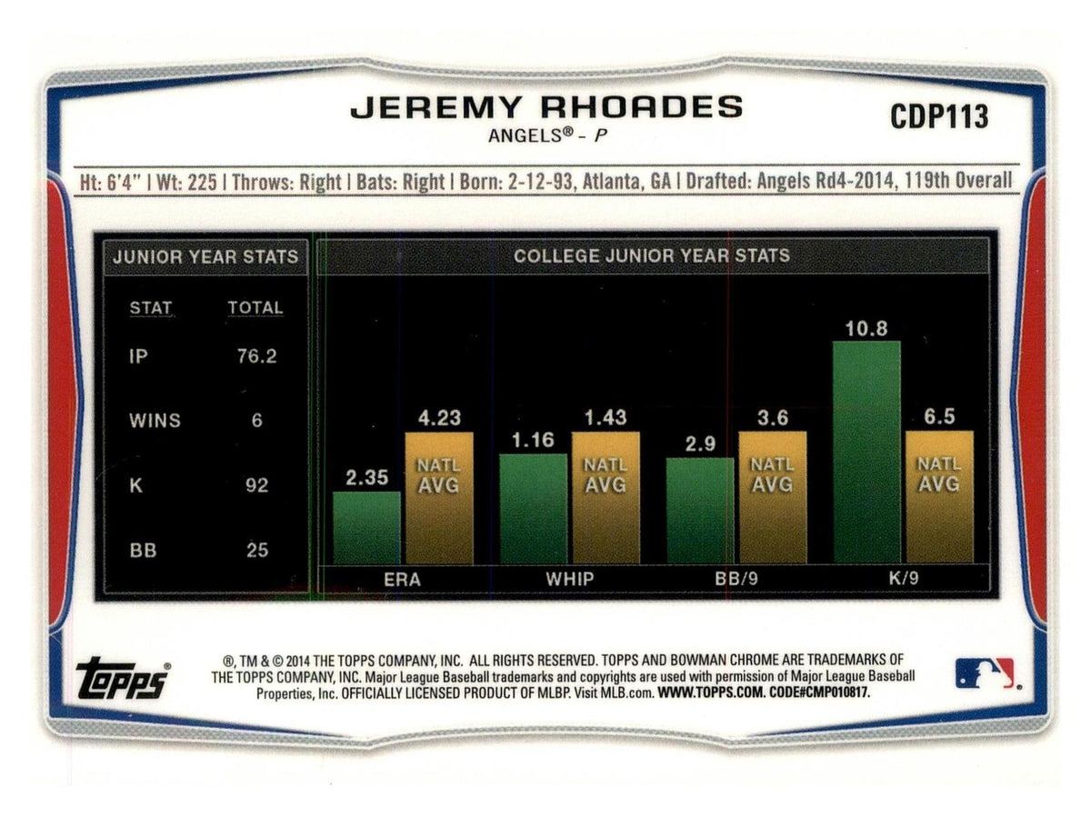 2014 Bowman Draft #CDP113 Jeremy Rhoades Chrome Refractor back