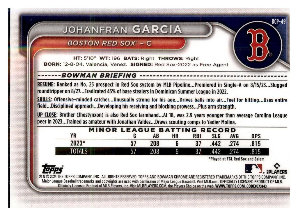 2024 Bowman #BCP-49 Johanfran Garcia Chrome Prospects back