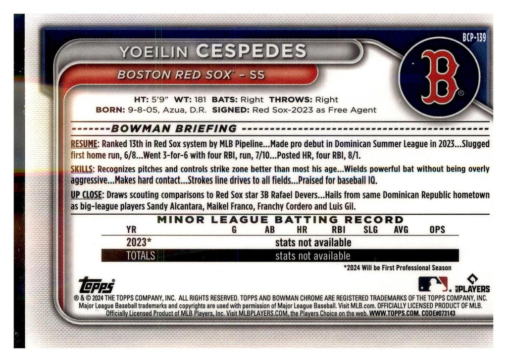 2024 Bowman #BP-139 Yoeilin Cespedes Prospects back