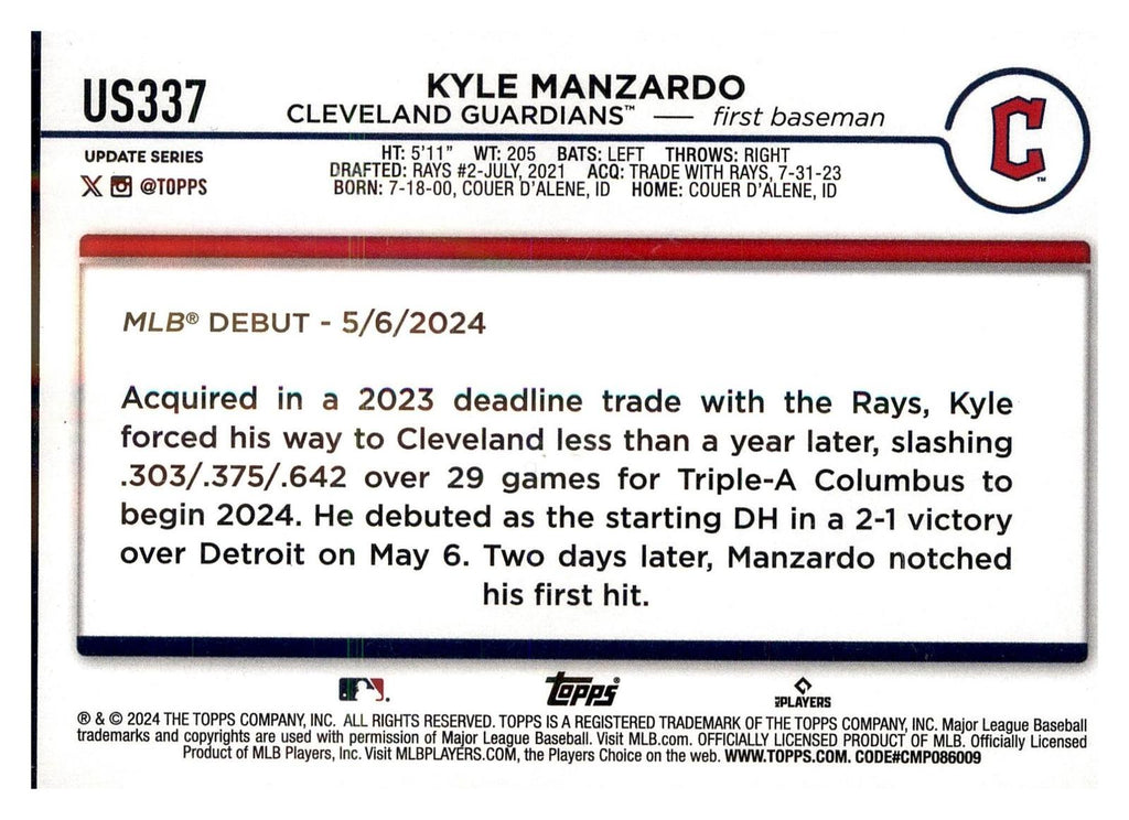 2024 Topps Update #US337 Kyle Manzardo Yellow back