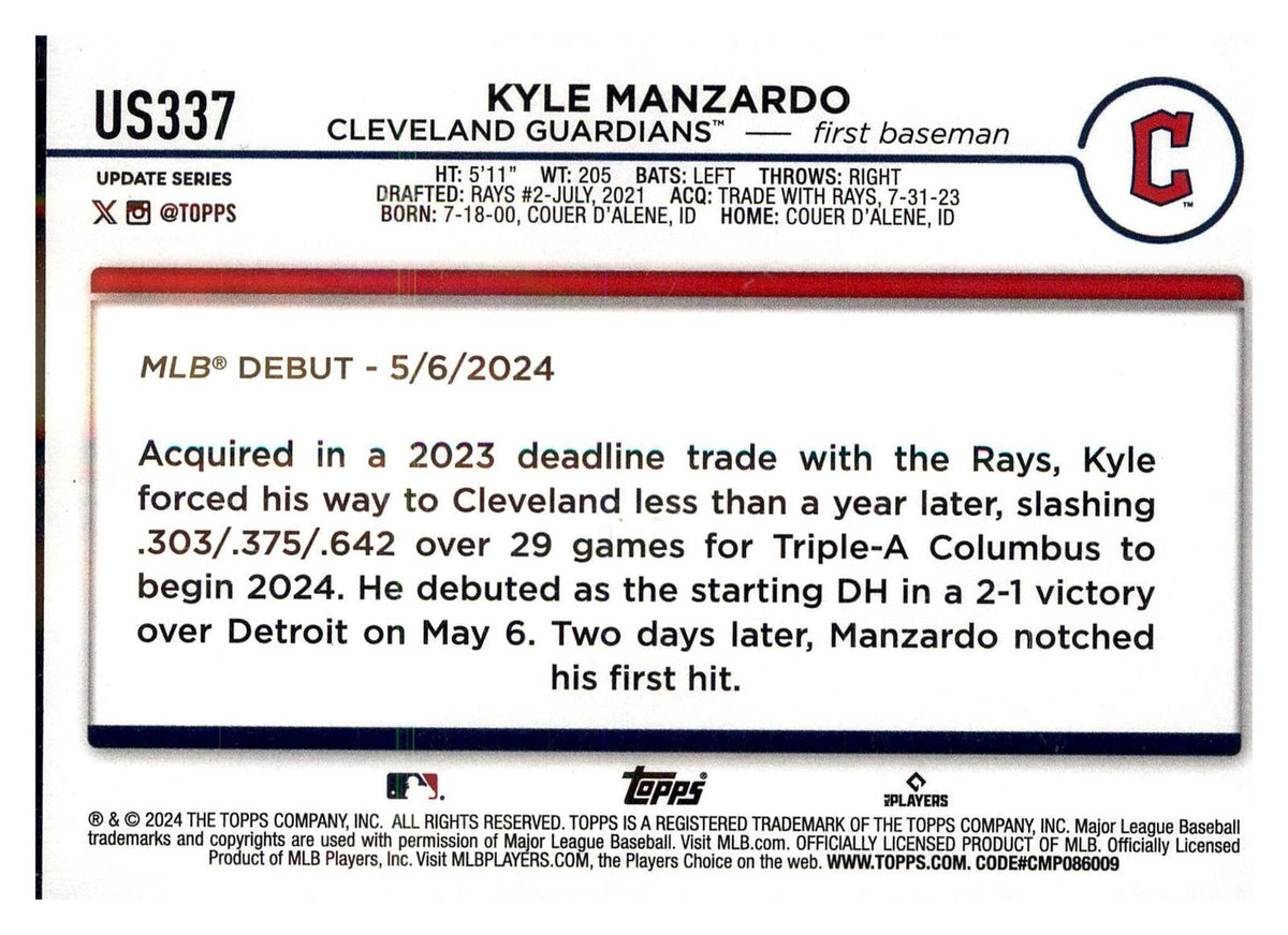 2024 Topps Update #US337 Kyle Manzardo Yellow back