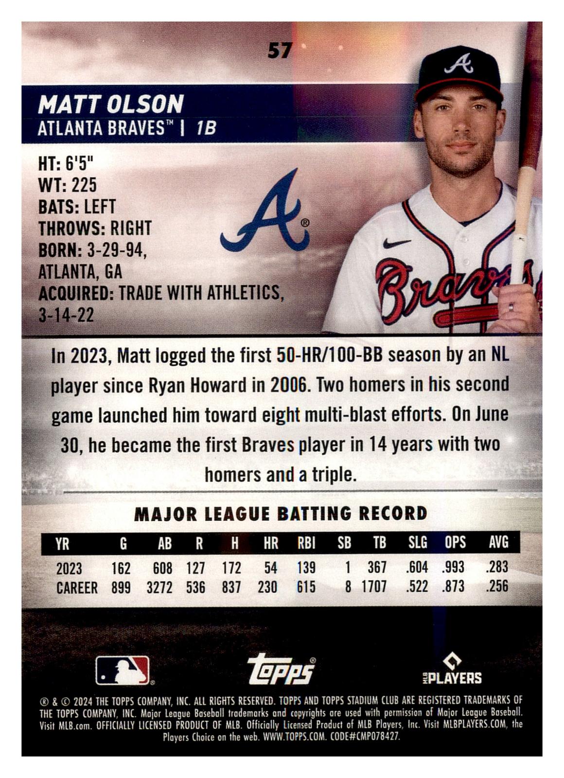 2024 Stadium Club #57 Matt Olson back