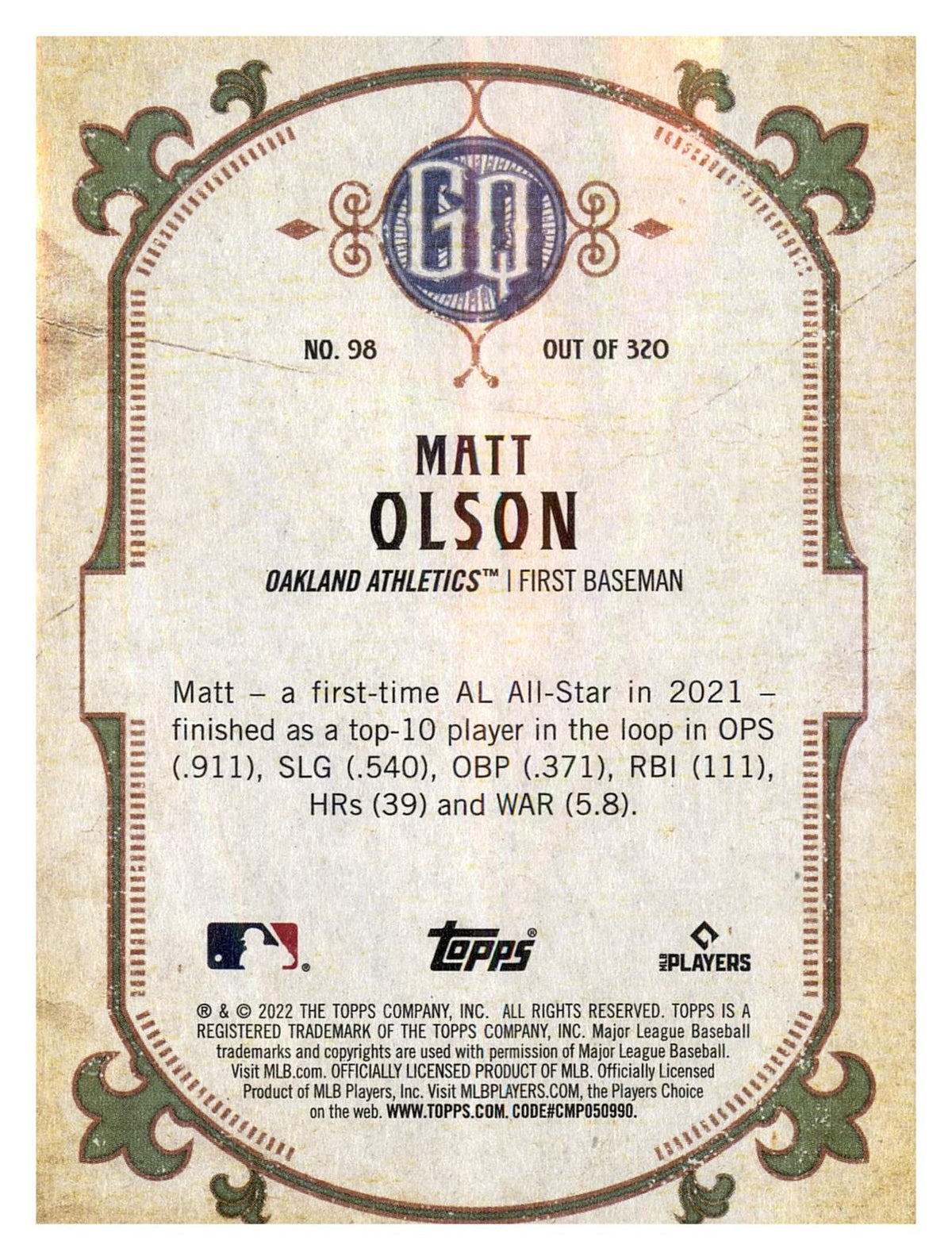 2022 Topps Gypsy Queen #98 Matt Olson back