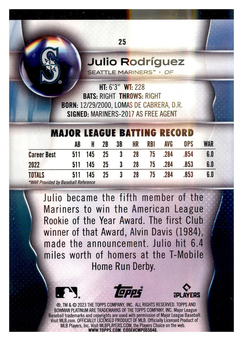 2023 Bowman Platinum #25 Julio Rodríguez Ice Foil back