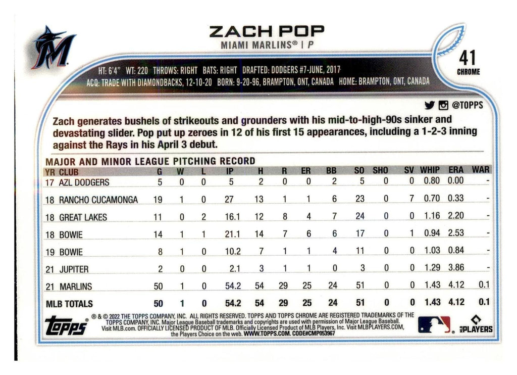 2022 Topps Chrome #41 Zach Pop Negative Refractor back