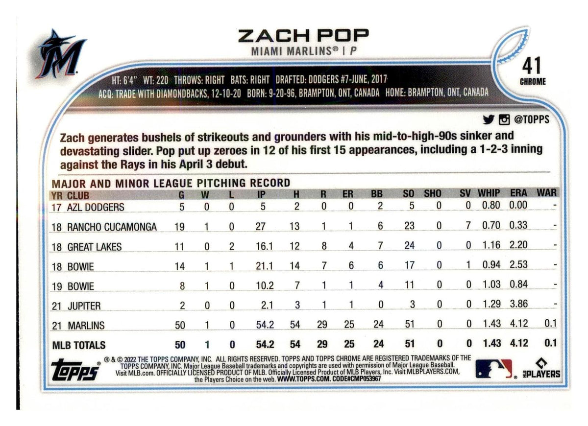 2022 Topps Chrome #41 Zach Pop Negative Refractor back