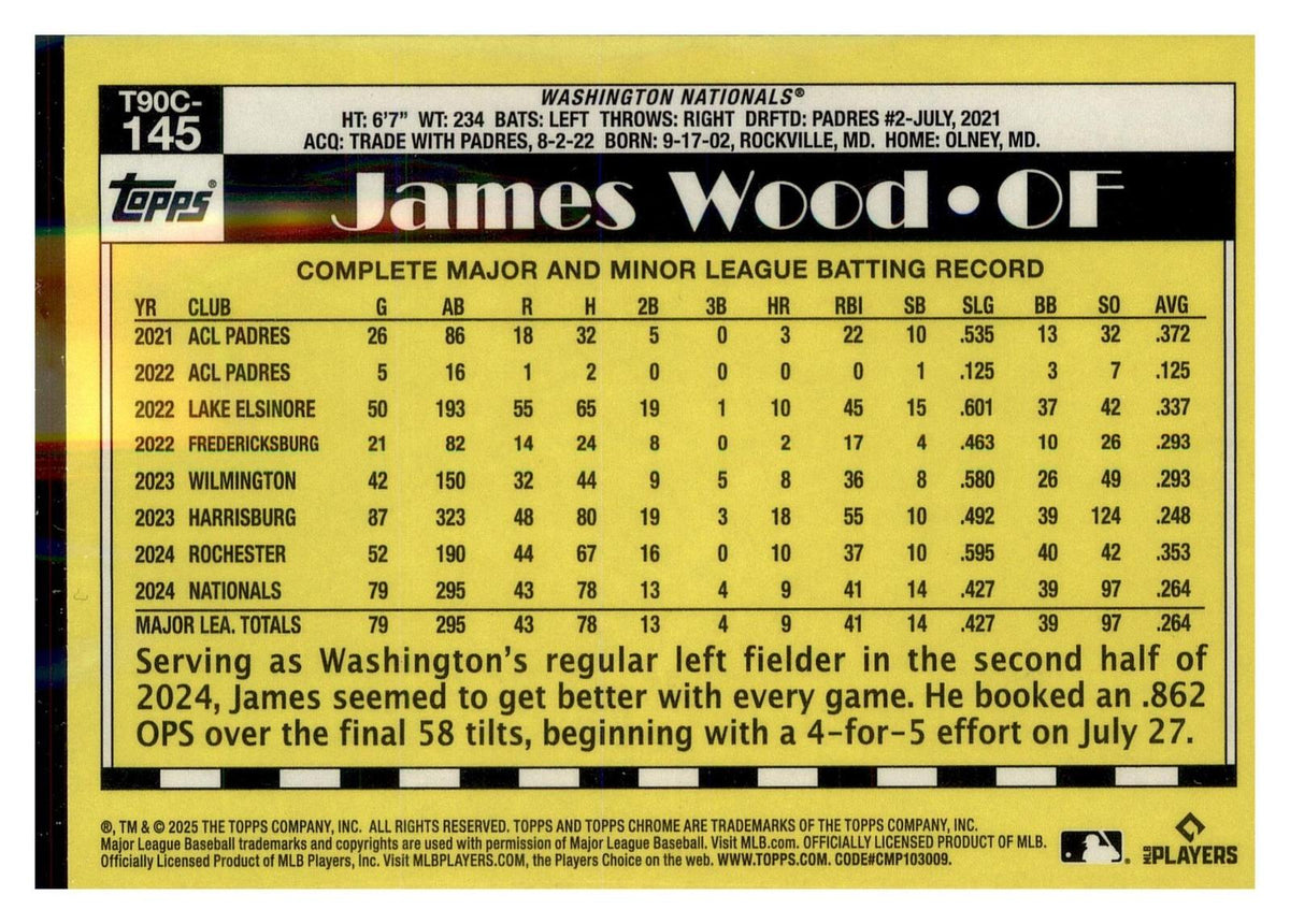2025 Topps #T90C-145 James Wood 1990 35th Anniversary Chrome (Series Two) back