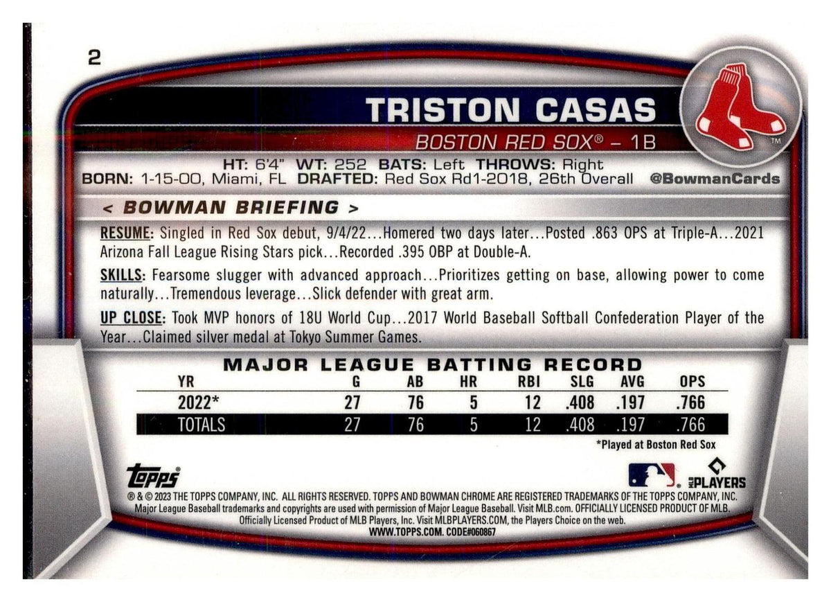 2023 Bowman #2 Triston Casas Mojo Refractor back