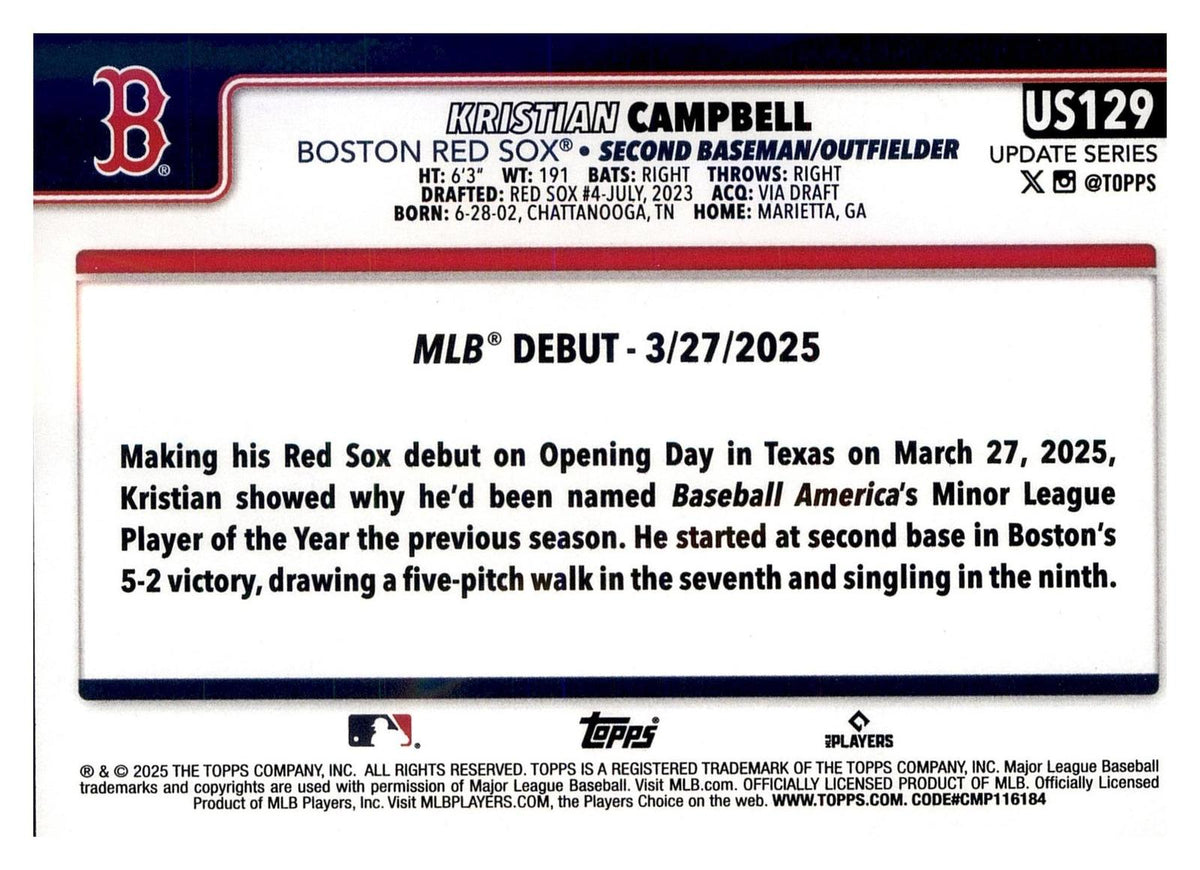 2025 Topps Update #US129 Kristian Campbell back