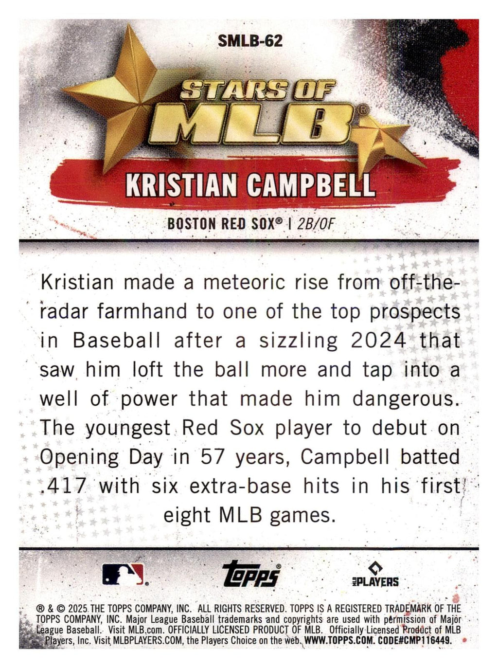 2025 Topps Update #SMLB-62 Kristian Campbell Stars of MLB back