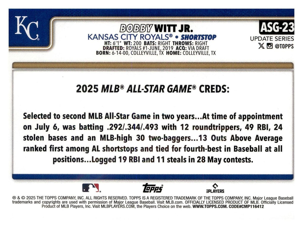 2025 Topps Update #ASG-23 Bobby Witt Jr. 2025 All-Star Game back