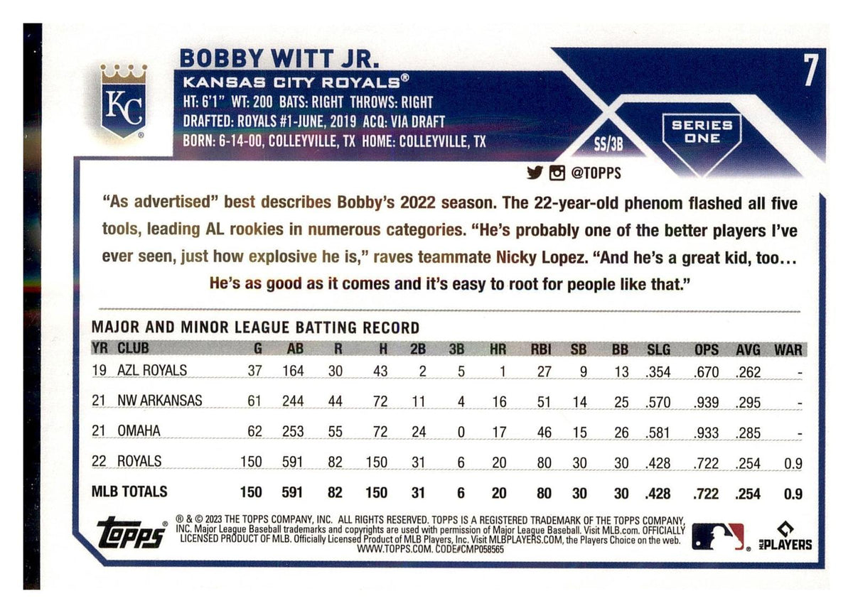 2023 Topps #7 Bobby Witt Jr. back