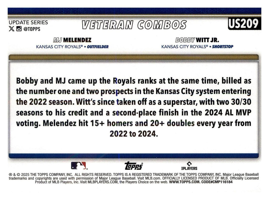 2025 Topps Update #US209 Young &amp; Hungry (MJ Melendez / Bobby Witt Jr.) back