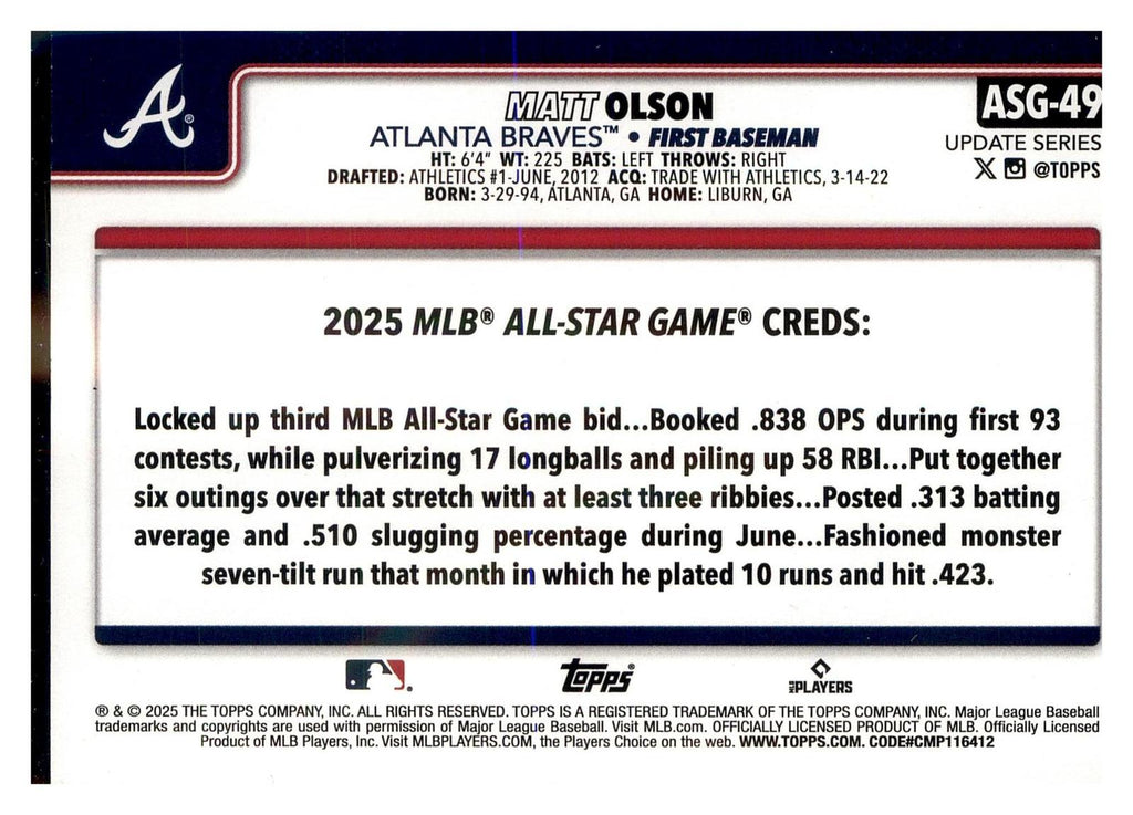 2025 Topps Update #ASG-49 Matt Olson 2025 All-Star Game back