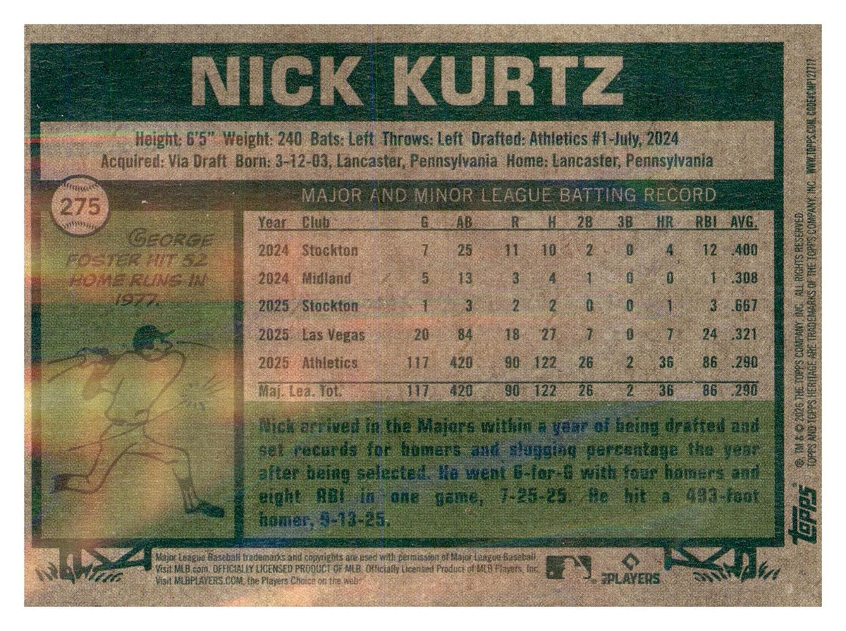 2026 Topps Heritage #275 Nick Kurtz Topps All-Star Rookie back