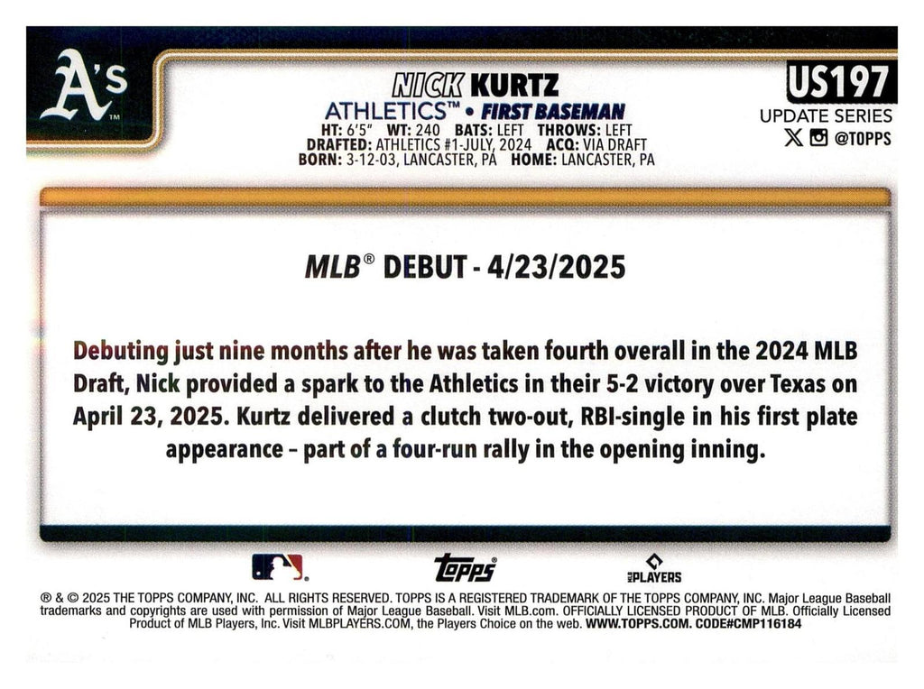 2025 Topps Update #US197 Nick Kurtz back