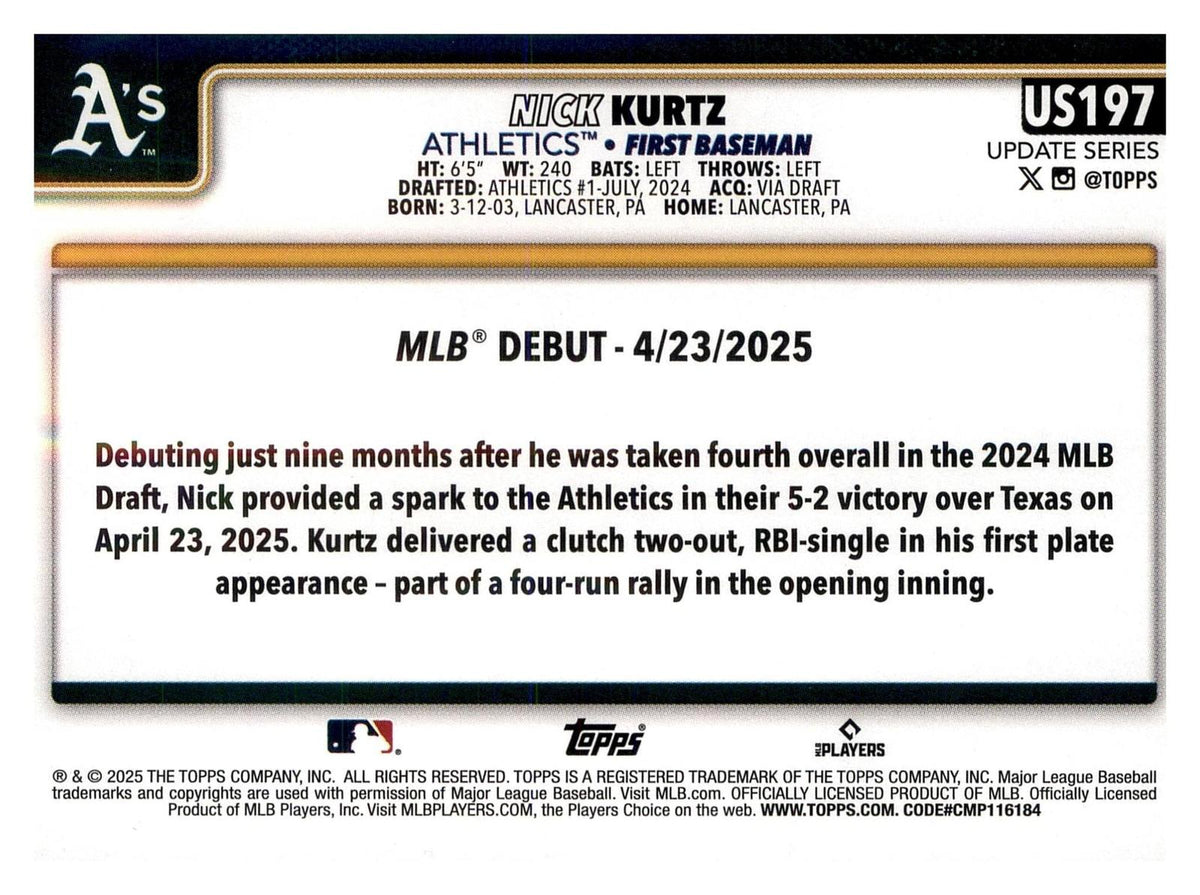 2025 Topps Update #US197 Nick Kurtz back