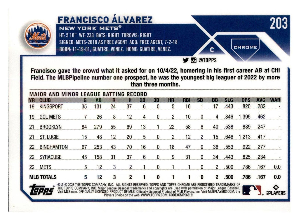 2023 Topps Chrome #203 Francisco Álvarez back