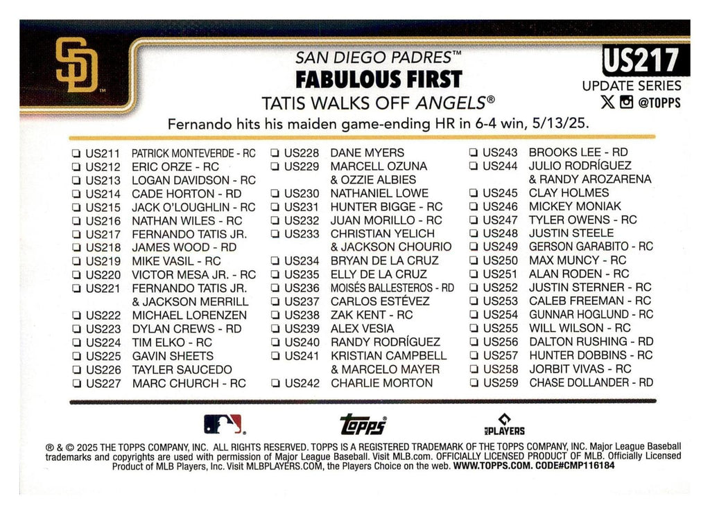 2025 Topps Update #US217 Fabulous First back