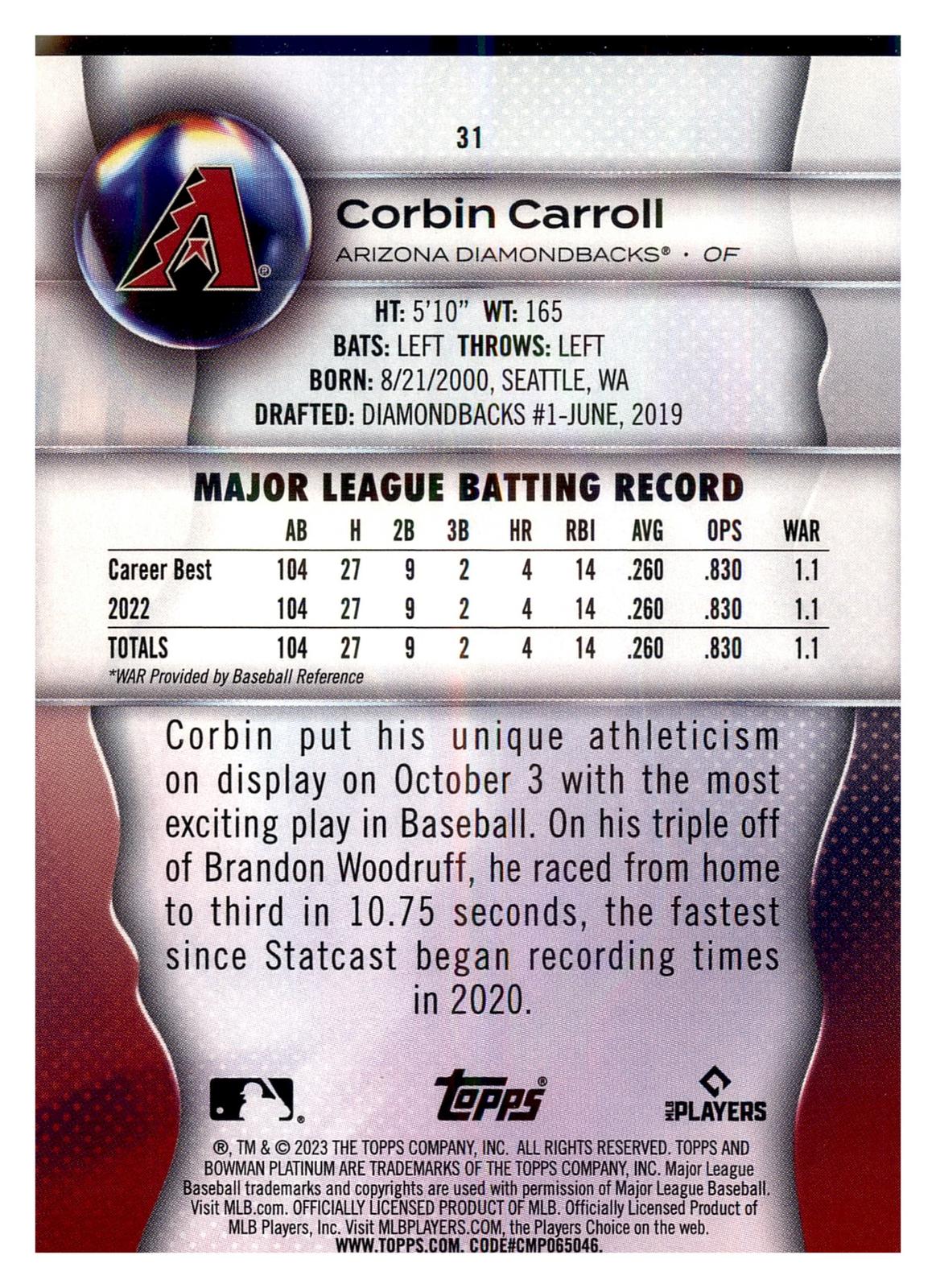 2023 Bowman Platinum #31 Corbin Carroll back