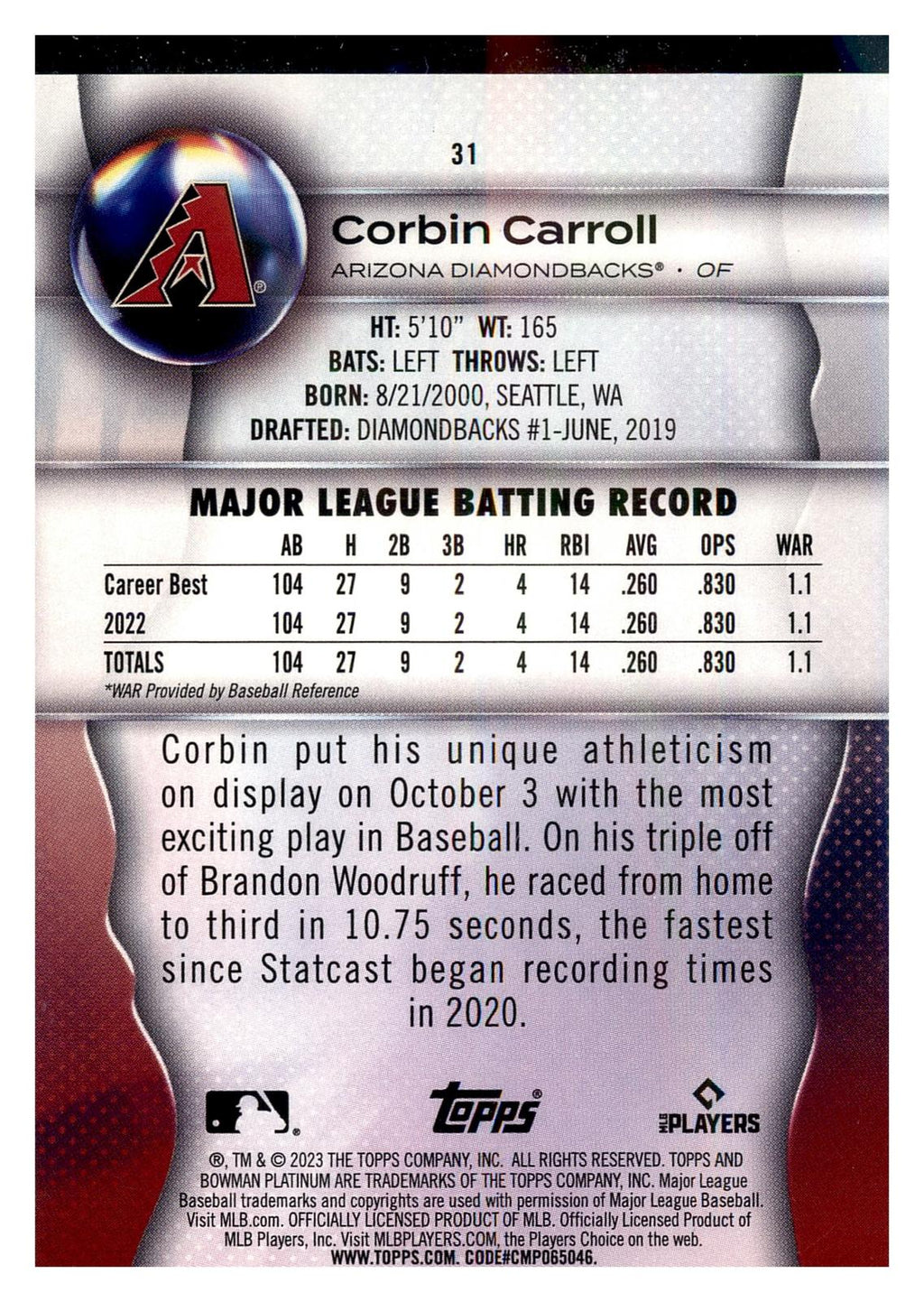 2023 Bowman Platinum #31 Corbin Carroll back