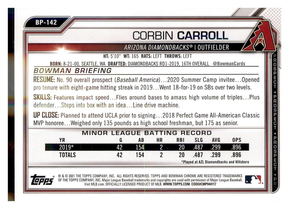 2021 Bowman #BP-142 Corbin Carroll Prospects back