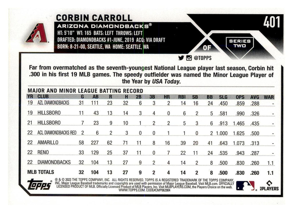 2023 Topps #401 Corbin Carroll back
